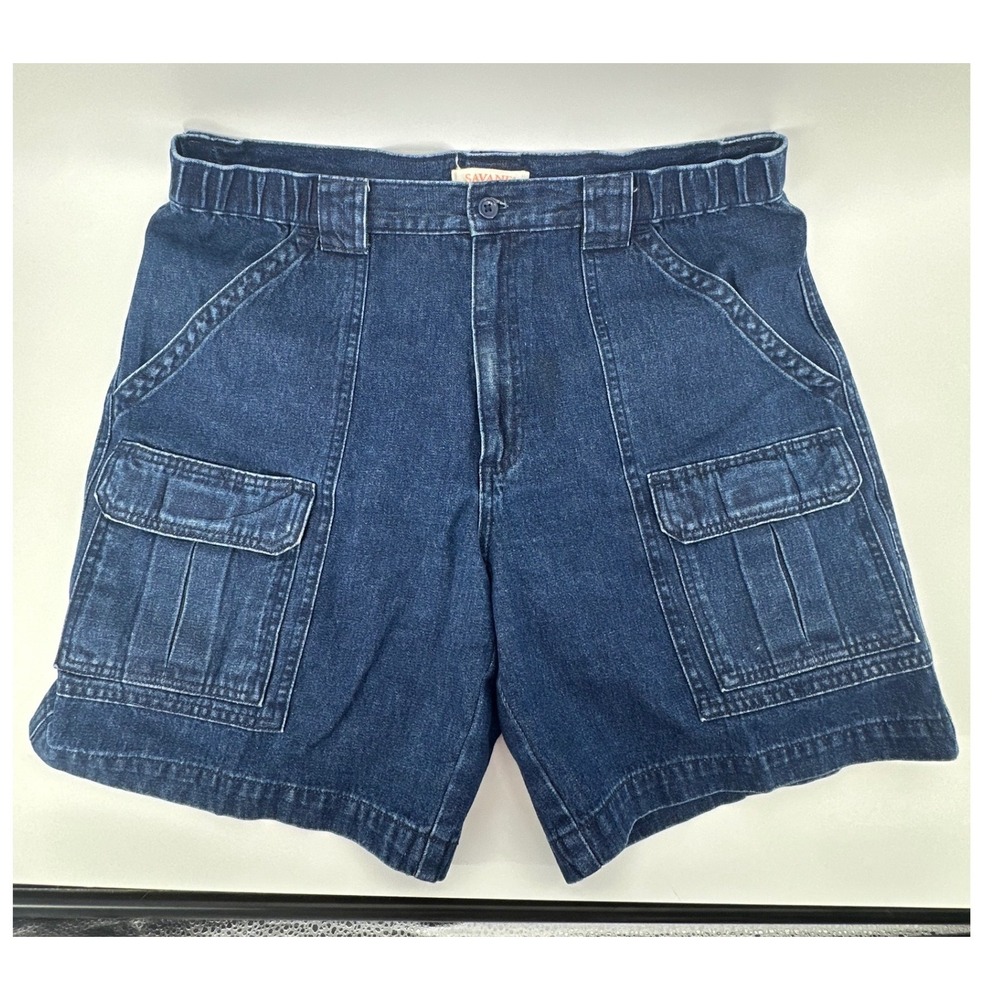 Savane Mens Denim Cargo Shorts Dark Wash Blue Elastic Waist Cotton Size 34